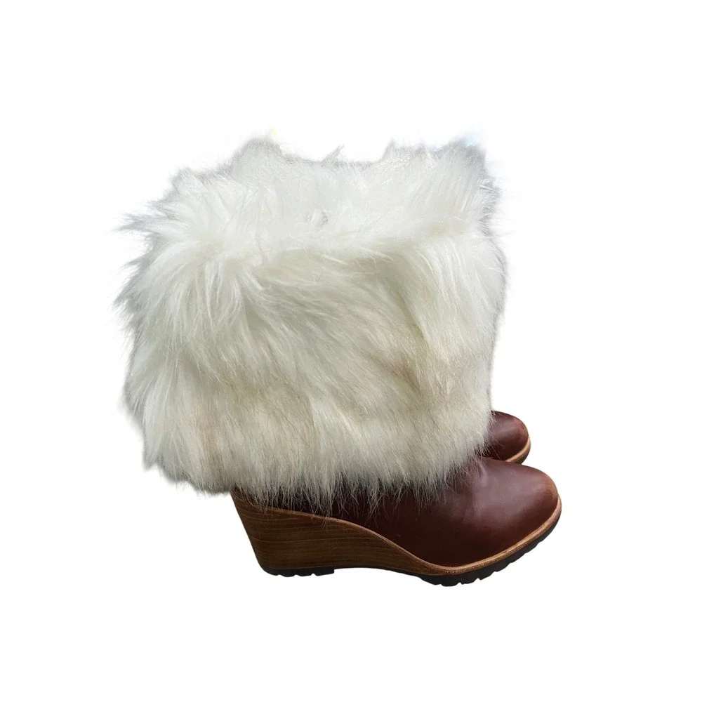 Sorel Faux Fur Trim Brown Leather Wedge Winter Boots Lug Mid Calf Womens‎ 6.5